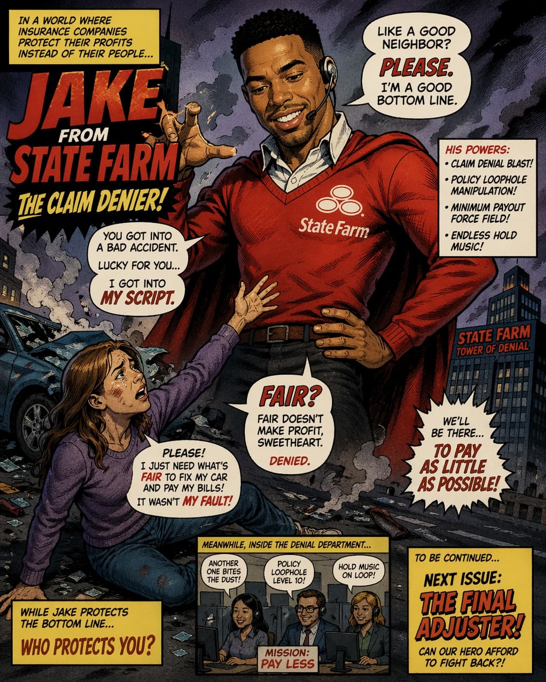 Comic-style parody of an insurance adjuster towering over a crash victim and denying a claim