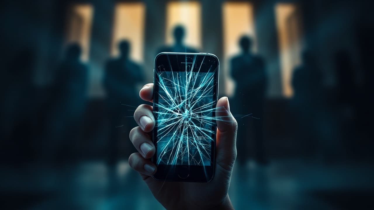 Shattered smartphone screen with social media fragments and a courtroom silhouette